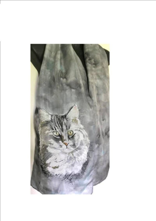 Silver Grey Cat Pet Portrait - Hand painted Silk Scarf