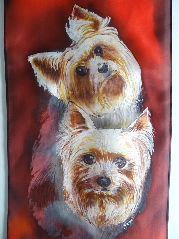 Yorkshire Terriers Special Triple Pet Portrait - Hand painted Silk Scarf