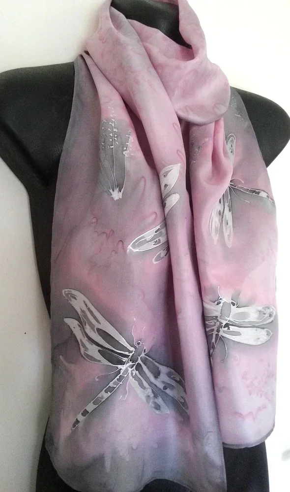 Dragonflies Blush Rose - Hand painted Silk Scarf