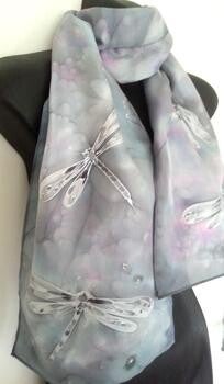 Dragonflies Silver- Hand painted Silk Scarf
