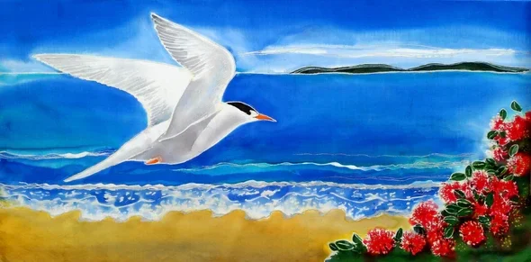 Fairy Tern and Pohutukawa Beach- Outdoor Garden Art Panel