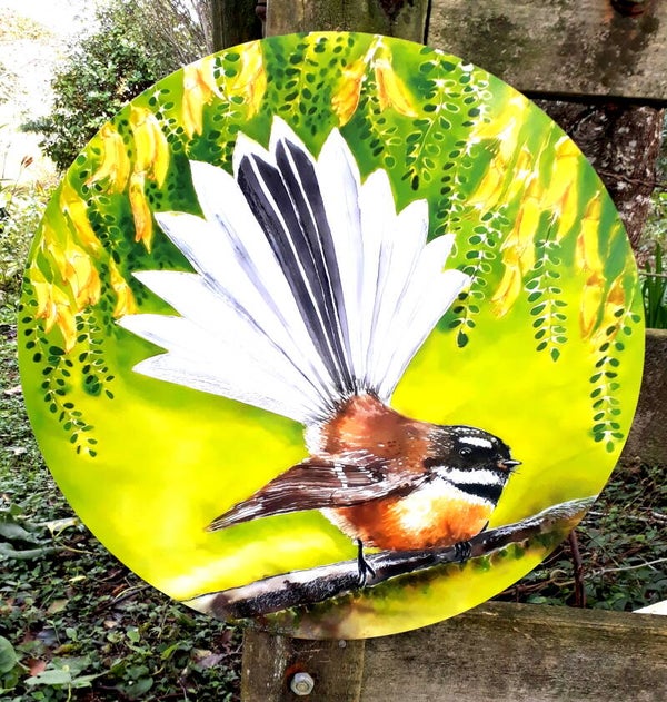Fantail New Zealand Bird - Circle Outdoor Art Panel