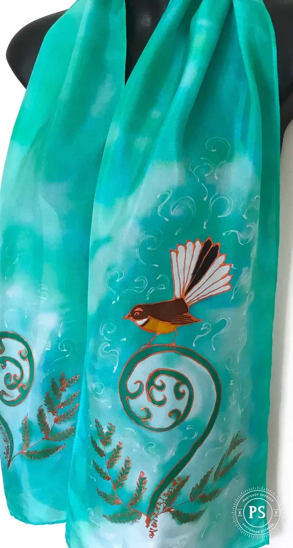 Fantail on Koru - Hand painted Silk Scarf