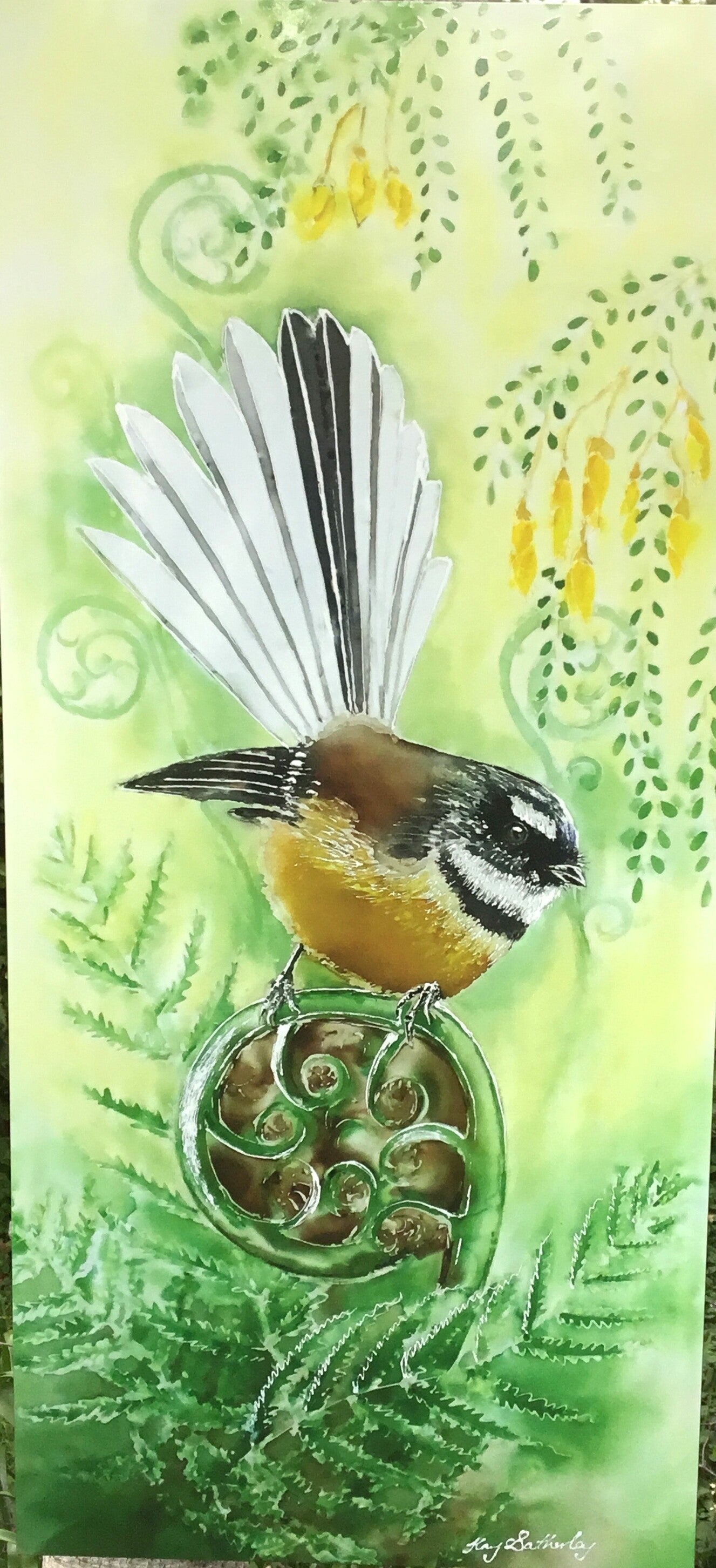 New Zealand Fantail Bird on Koru - Outdoor Garden Art Panel