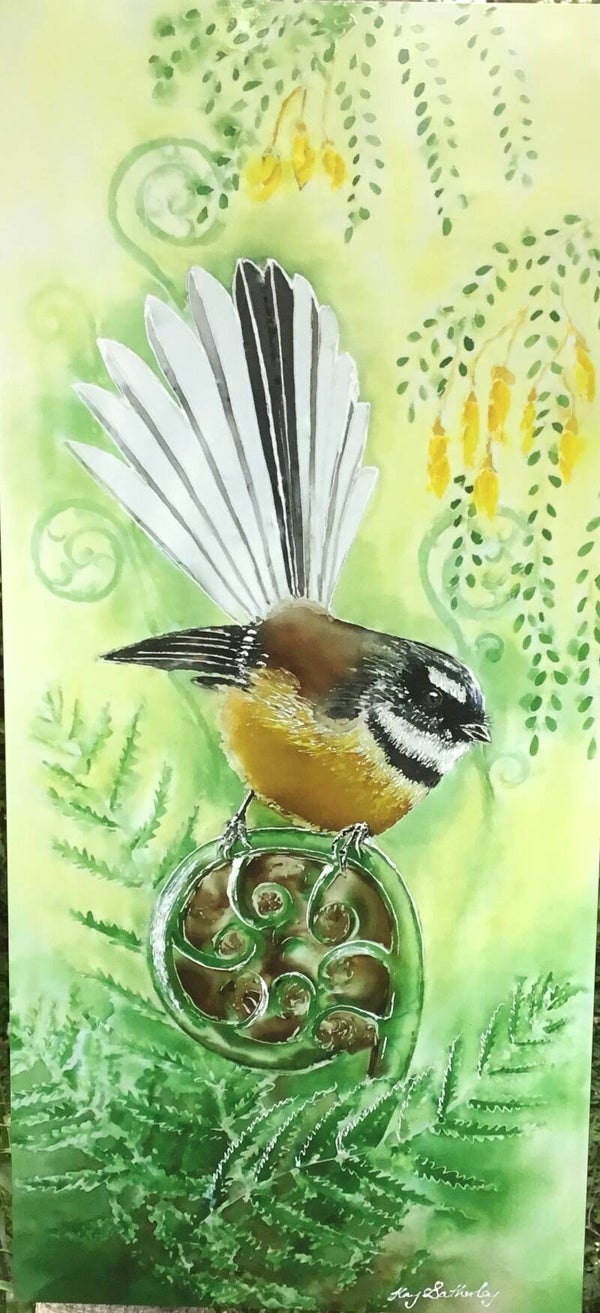 New Zealand Fantail Bird on Koru - Outdoor Garden Art Panel