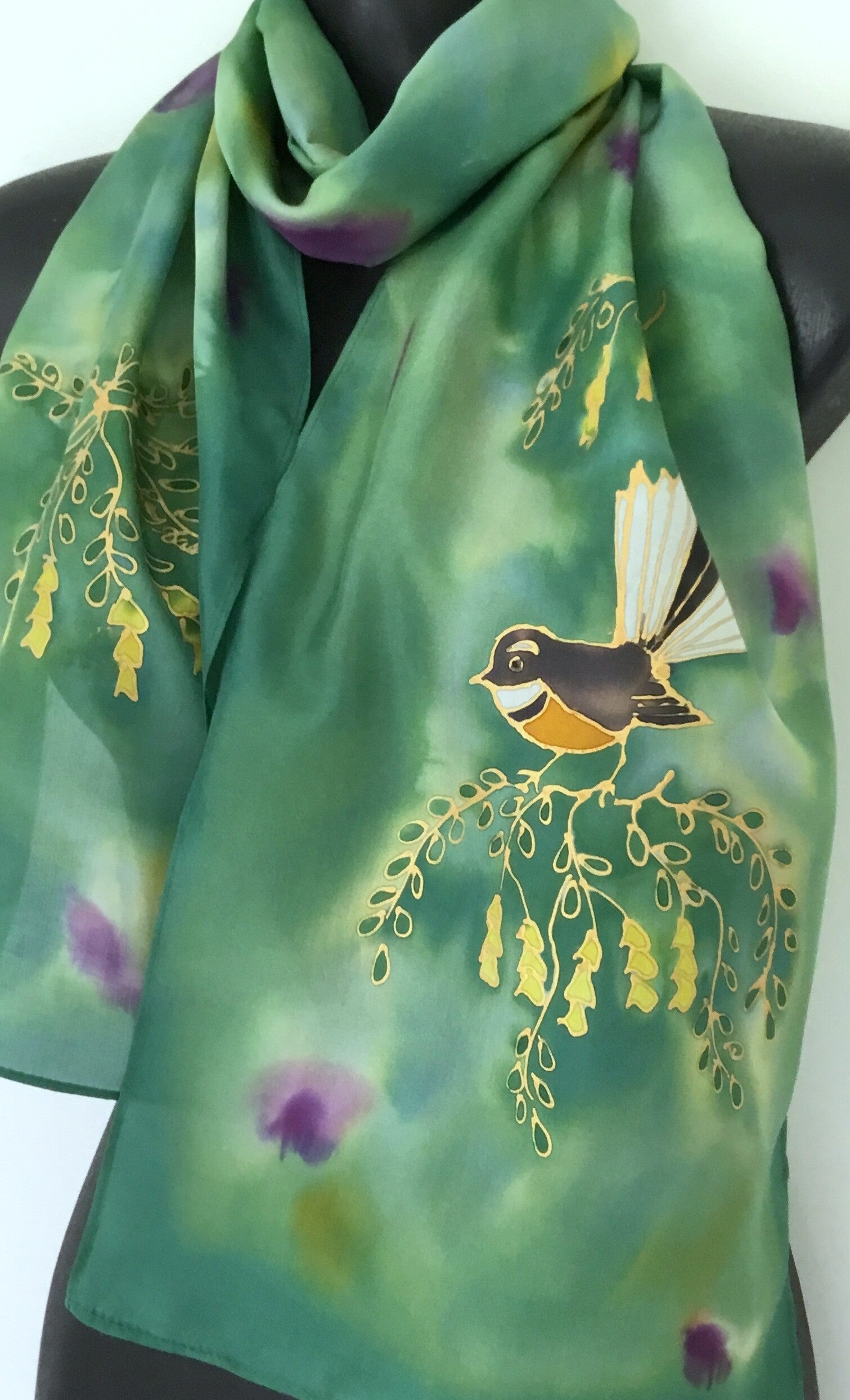 Fantail on Kowhai Green scarf - Hand painted Silk Scarf