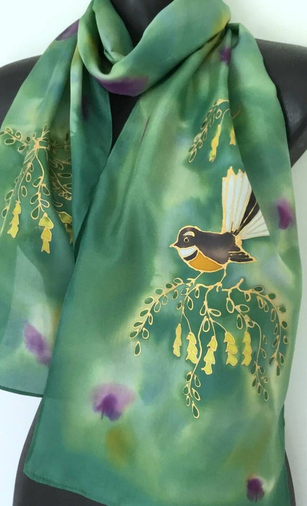 Fantail on Kowhai Green scarf - Hand painted Silk Scarf