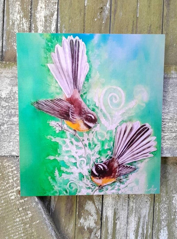 Fantail Pair on Ferns -  Squarish