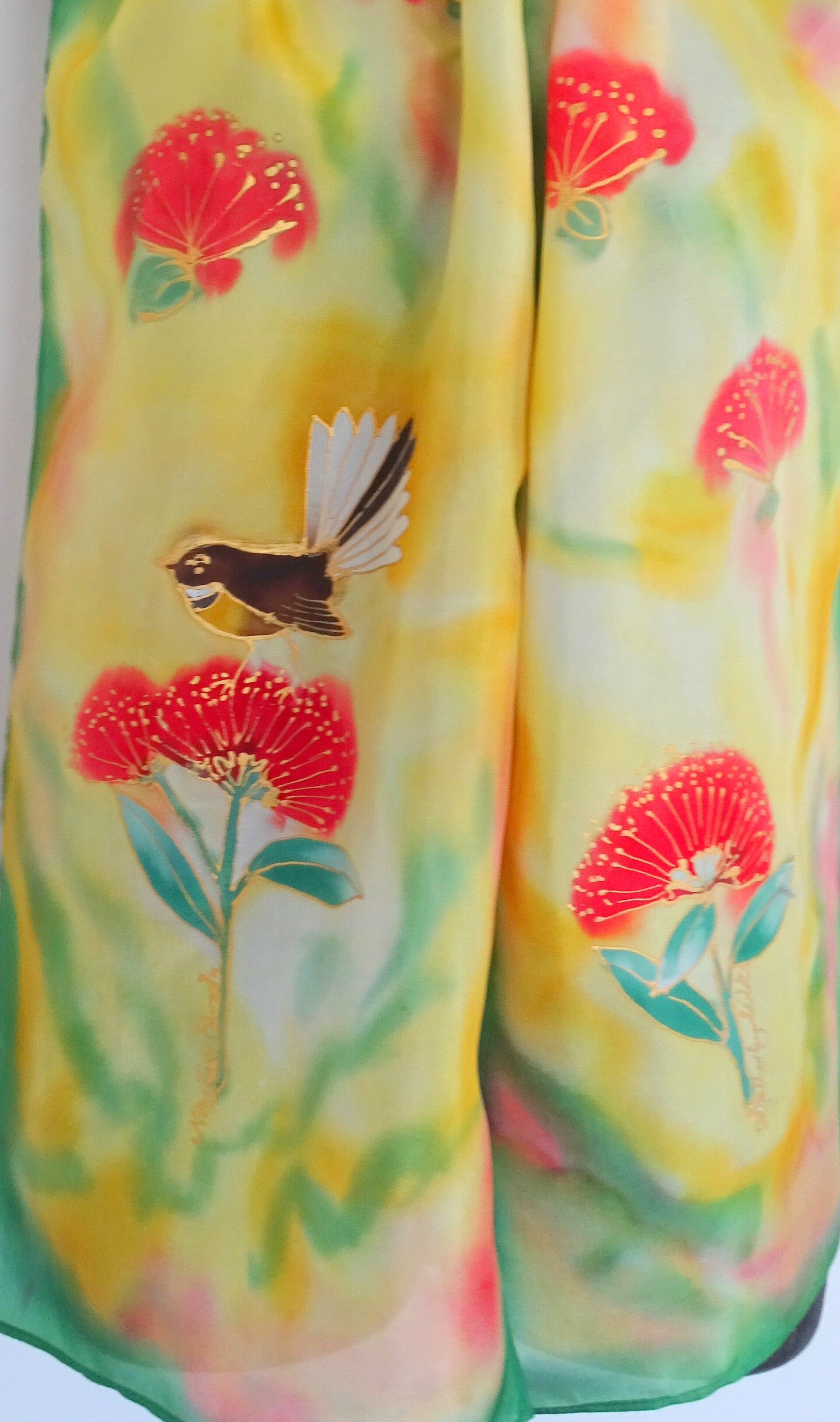 Fantail on Pohutukawa - Hand painted Silk Scarf