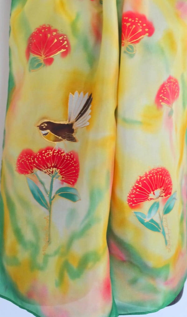 Fantail on Pohutukawa - Hand painted Silk Scarf