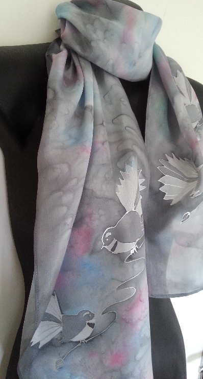 Fantail on Silver - Hand painted Silk Scarf