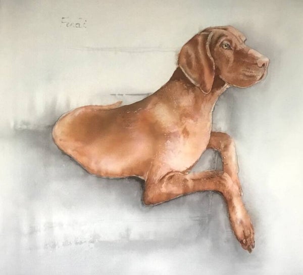 Commissioned Dog Portrait Silk Painting- Hungarian Vizsla hunting dog,