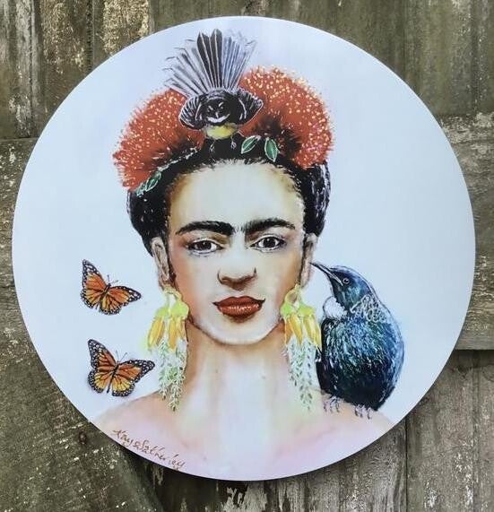 Frida Portrait painting with Tui and Fantail - Outdoor Garden Art Panel