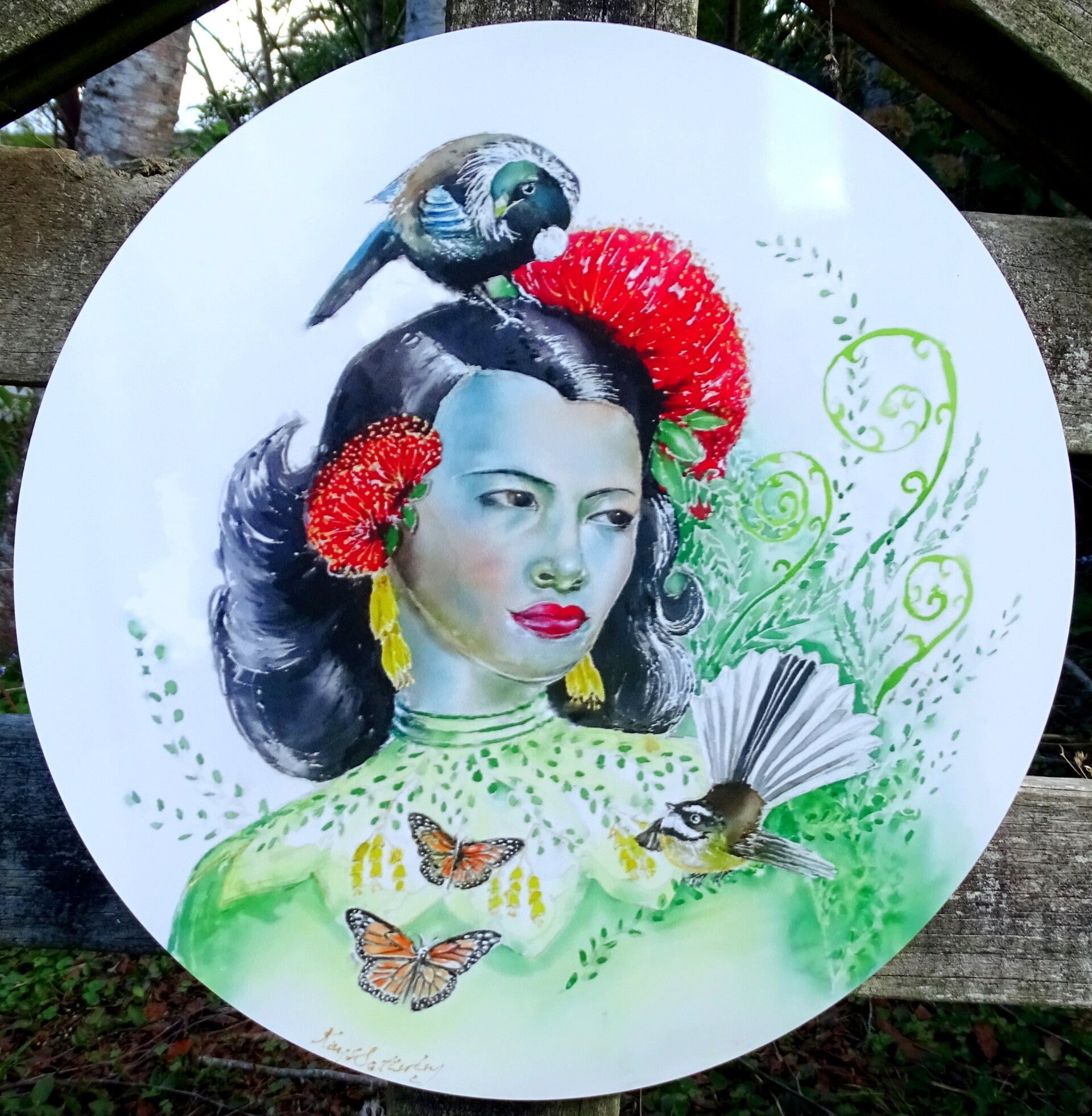Kiwiana Tretchikoff Green Girl painting with Tui and Fantail - Outdoor Garden Art Panel