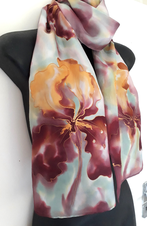 Iris in Gold & Burgundy - Hand painted Silk Scarf