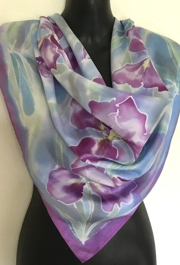 Iris in Monet watercolour pastels - Hand painted Square silk scarf