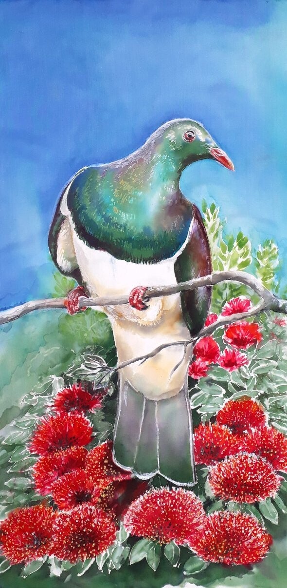 Kereru on Pohutukawa - Outdoor Garden Art Panel