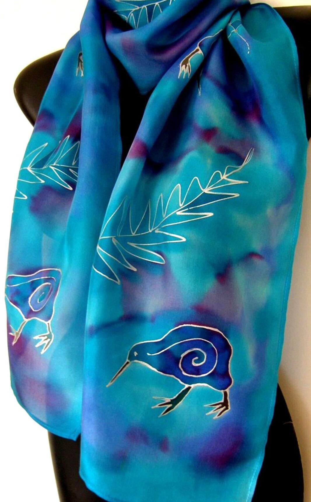 New Zealand Kiwi Bird - Hand painted Silk Scarf