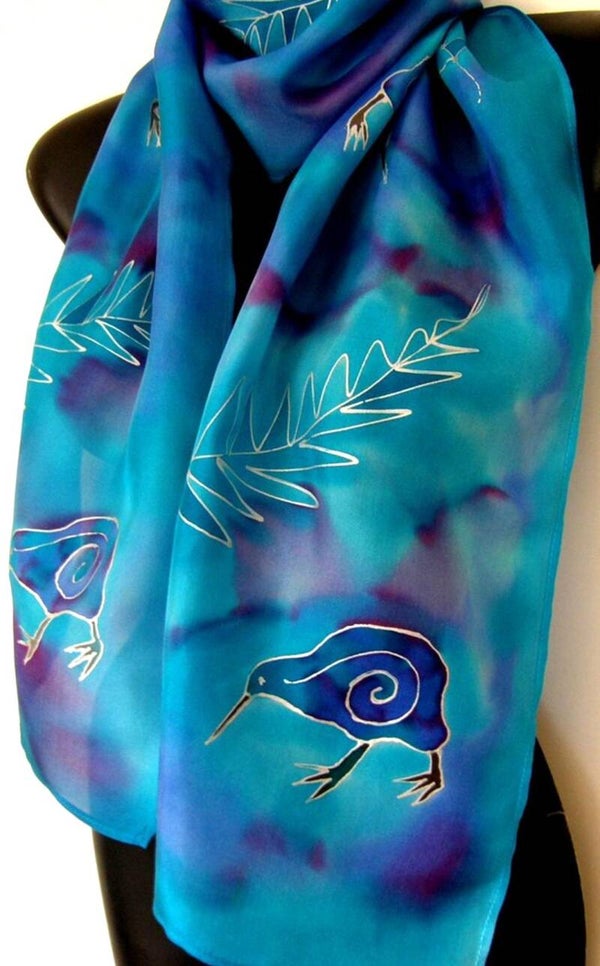 New Zealand Kiwi Bird - Hand painted Silk Scarf