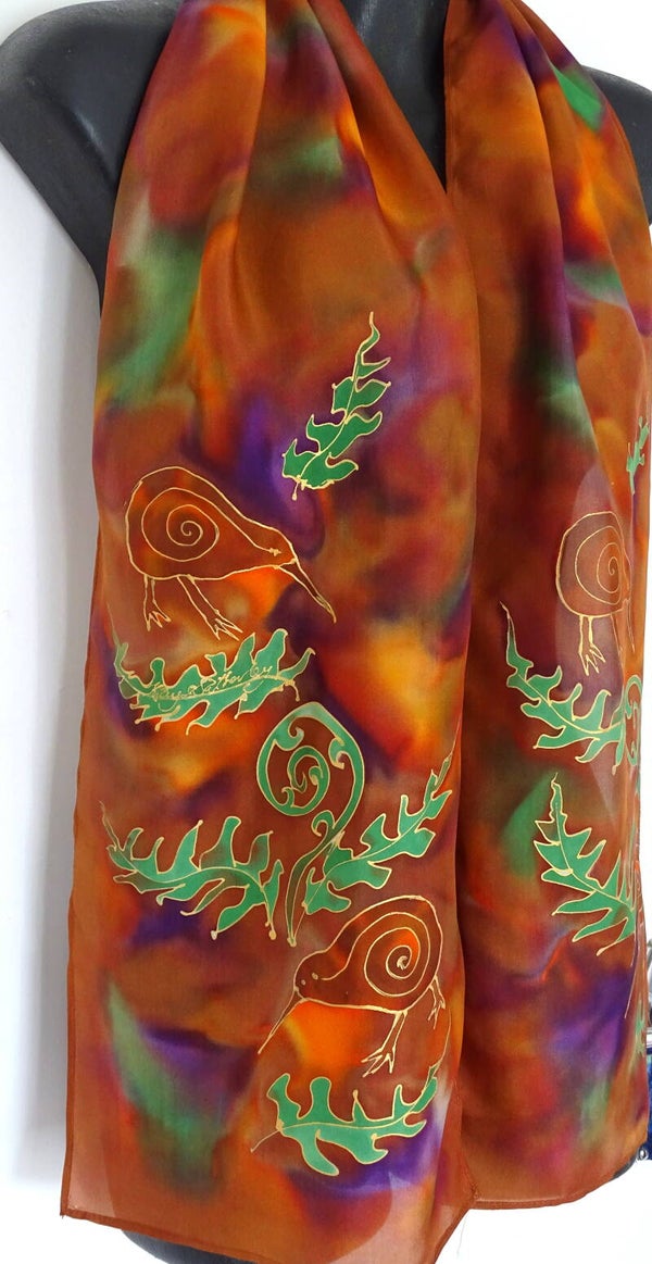 New Zealand Kiwi Bird in the Bush - Hand painted Silk Scarf