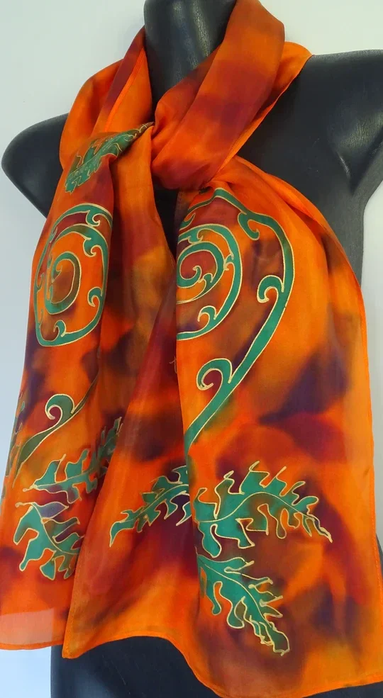 Koru and Ferns Orange - Hand painted Silk Scarf