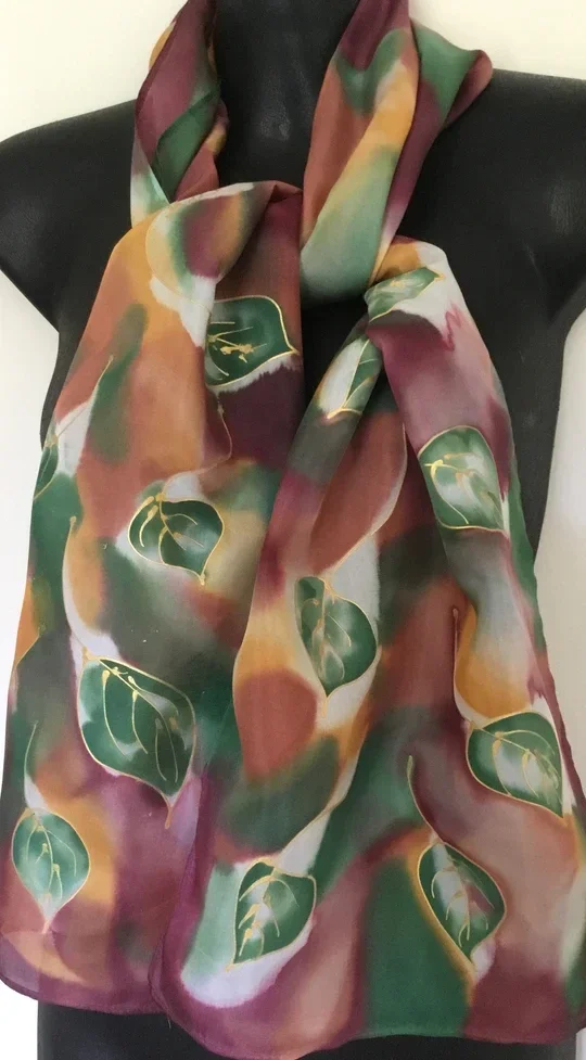 Botanicals,Tawny Leaves - Hand painted Silk Scarf