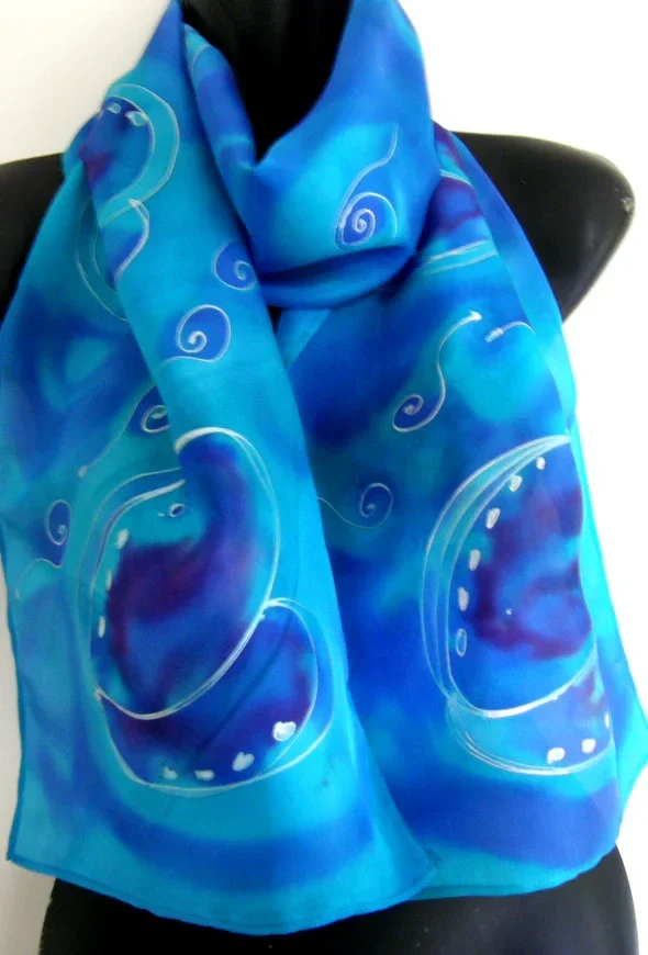 New Zealand Paua Shells at Sea - Hand painted Silk Scarf