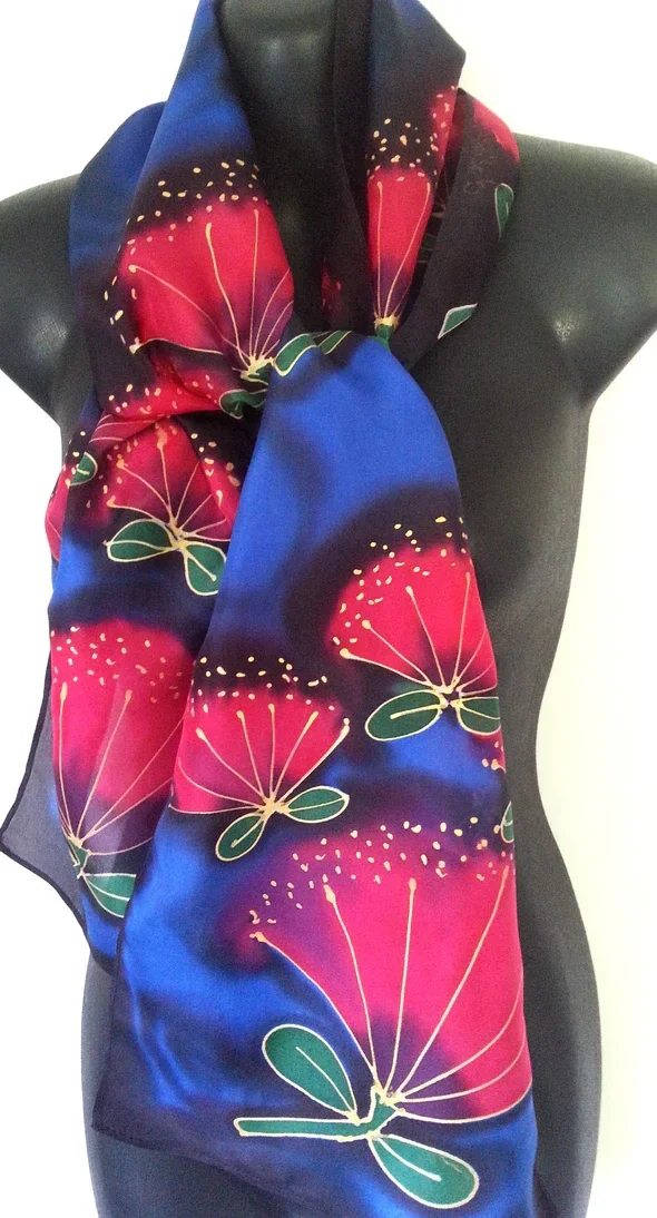 Pohutukawa - Hand painted Silk Scarf