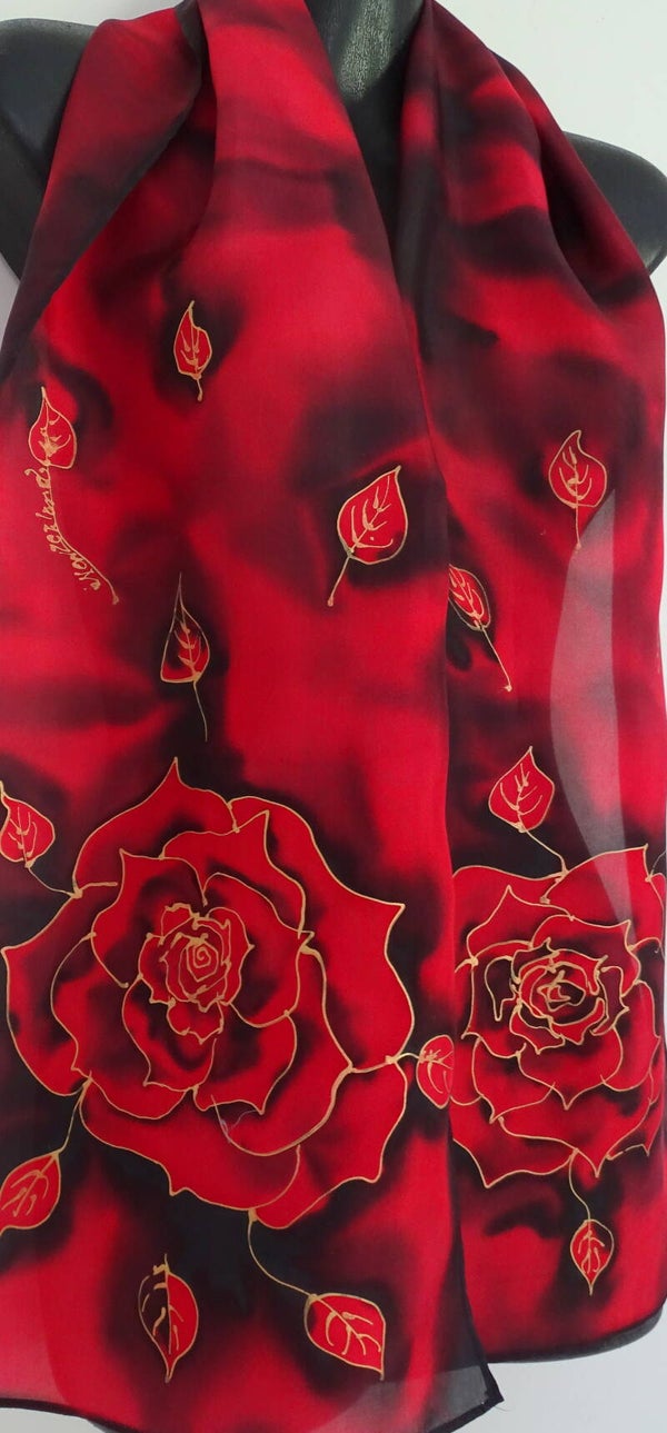 Midnight Rose - Hand painted Silk Scarf