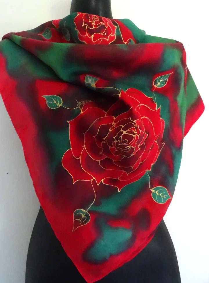 Rose on emerald Green & Red Square - Hand painted Silk Scarf