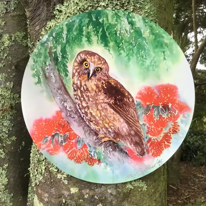 Ruru New Zealand Owl, with Pohutukawa flowers - Circle Outdoor Panel