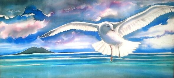 Seagull in Flight over Rangitoto - Outdoor Garden Art Panel