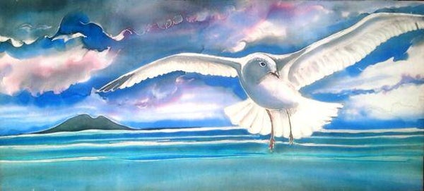 Seagull in Flight over Rangitoto - Outdoor Garden Art Panel