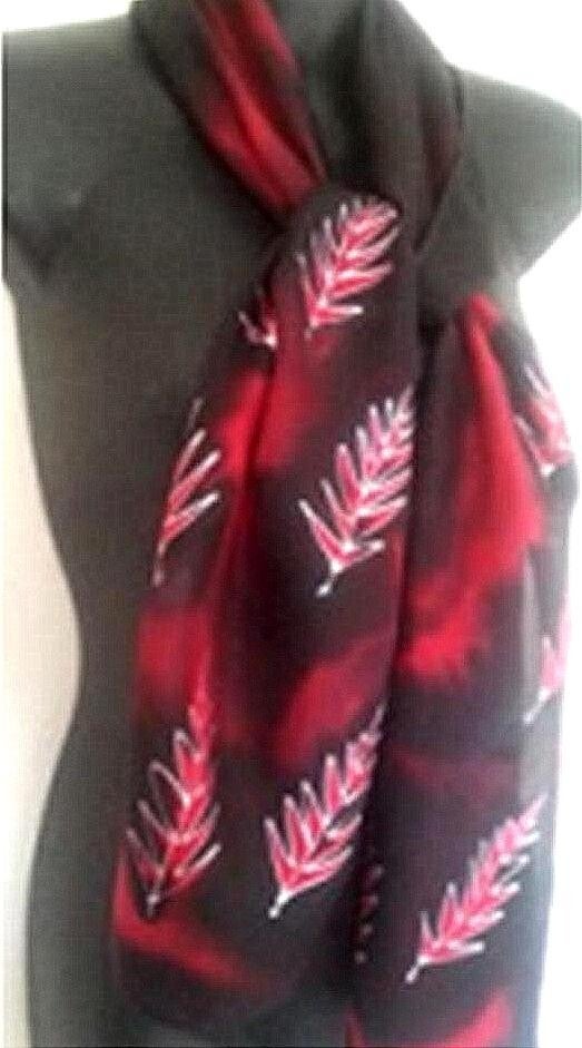NZ Silver Ferns on Black & Red- Hand Painted Silk Scarf