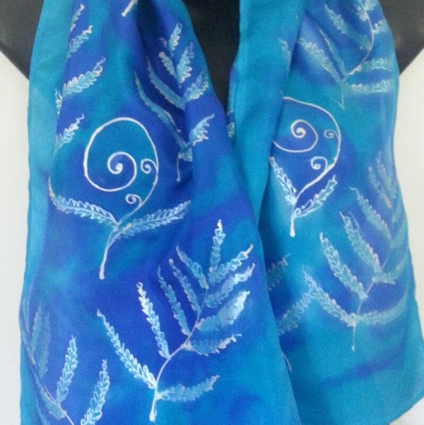 Silver Ferns with Korus, Aqua  Hand painted Silk Scarf