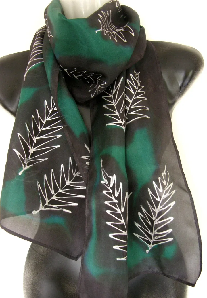 Silver Ferns in Green & Black - Hand Painted Silk Scarf