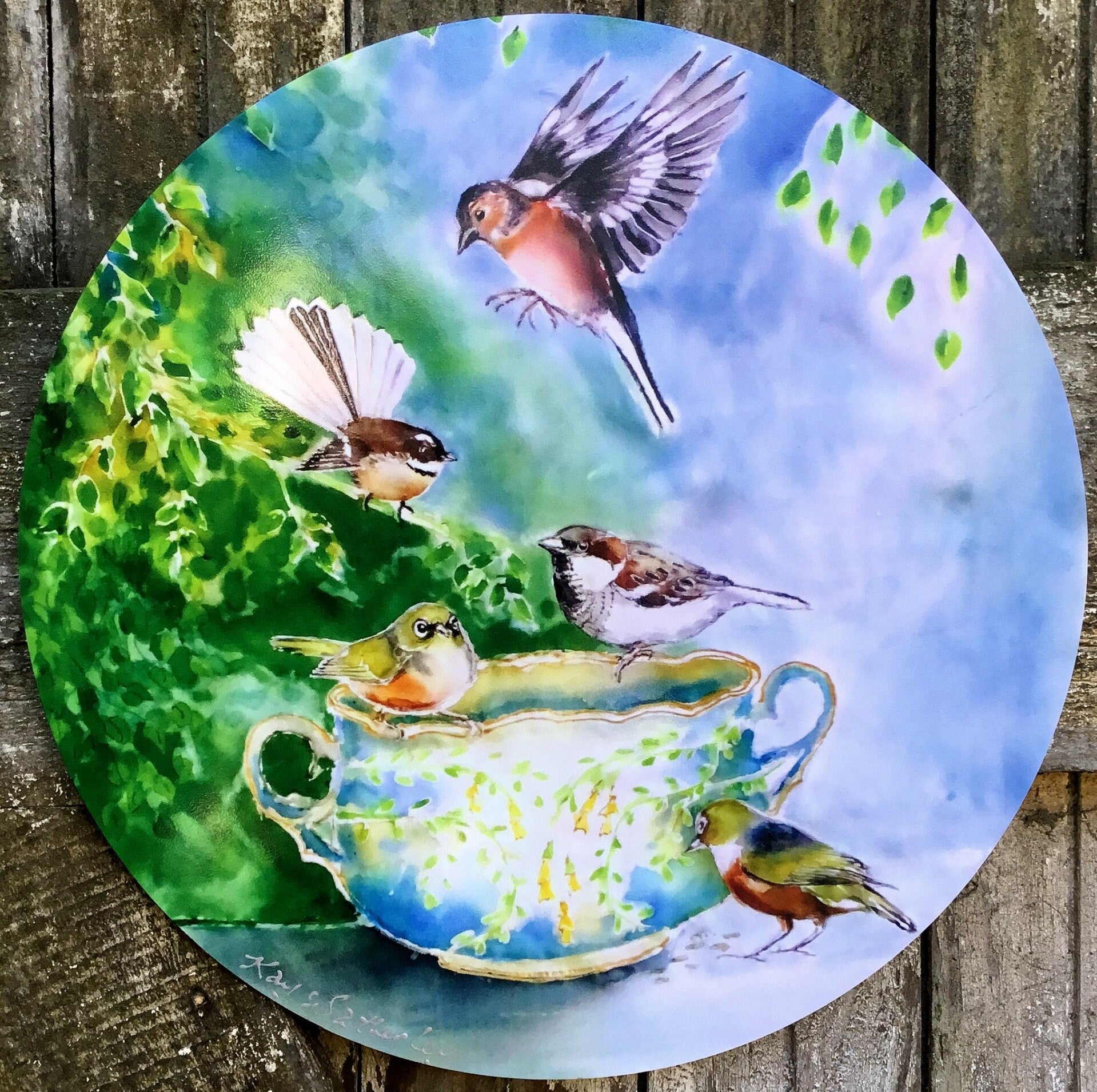 Small birds, SilverEyes, Chaffinch, Fantail and Sparrow on Vintage China - Circle Outdoor Art Panel