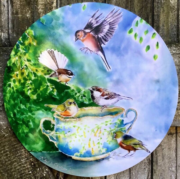 Small birds, SilverEyes, Chaffinch, Fantail and Sparrow on Vintage China - Circle Outdoor Art Panel