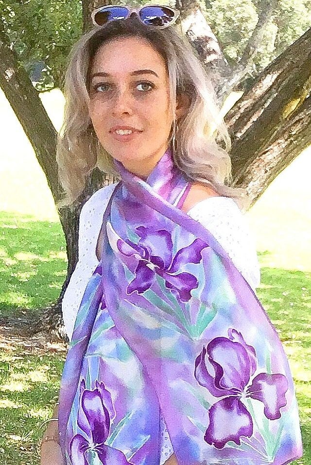 Iris Flowers in pale purple - Hand painted Silk Scarf