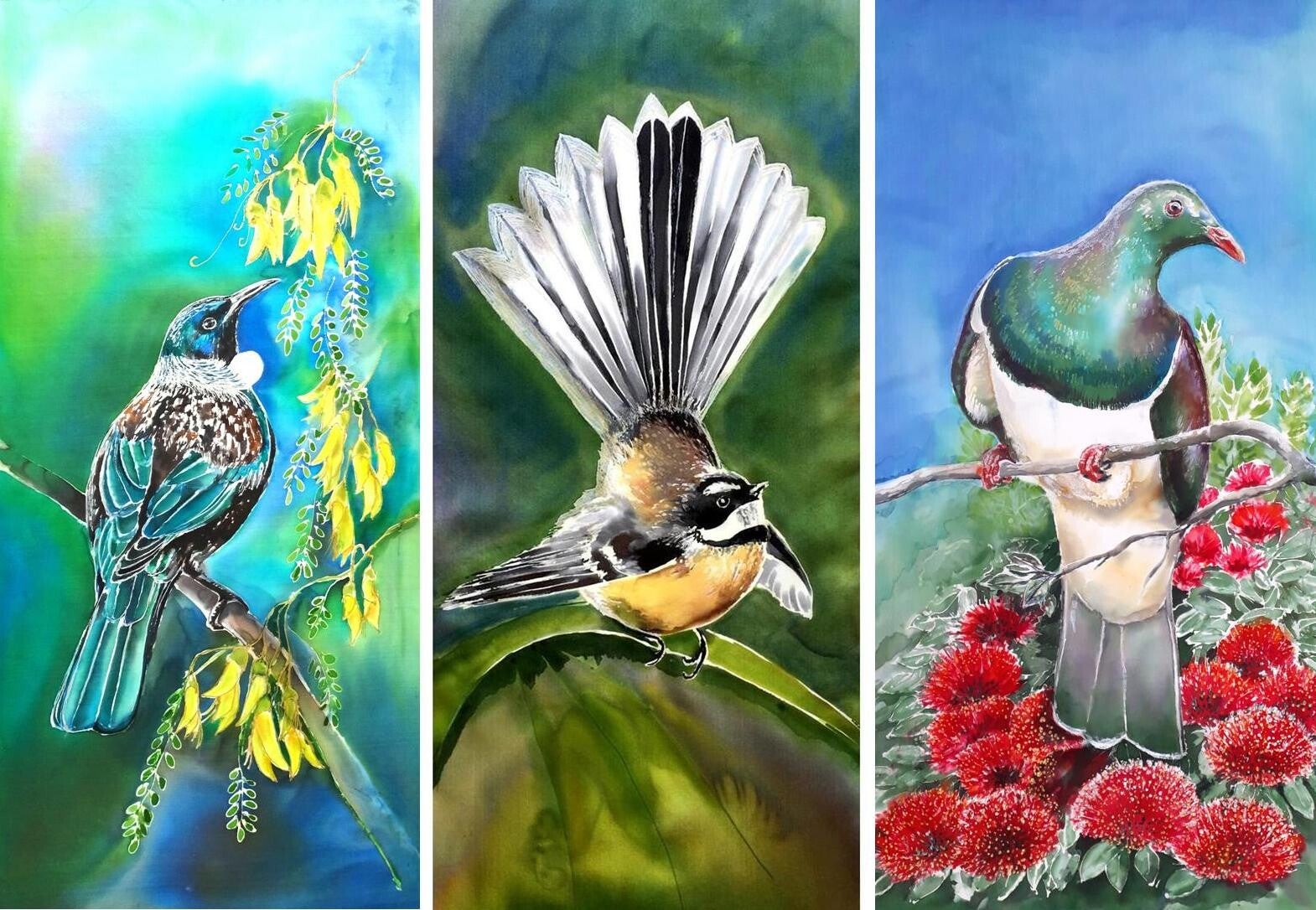 Special: A Trio of Kereru/ Pohutukawa, Fantail & Tui/Kowhai - Outdoor Garden Art Panels