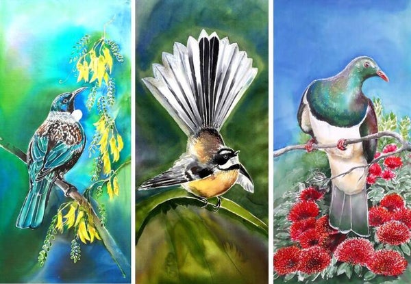 Special: A Trio of Kereru/ Pohutukawa, Fantail & Tui/Kowhai - Outdoor Garden Art Panels