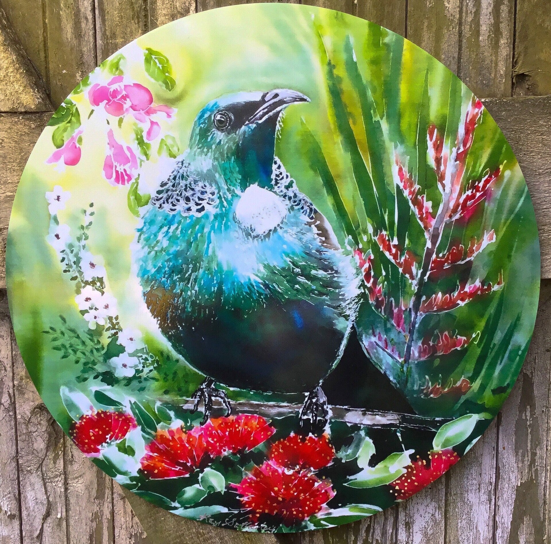 Tui with Pohutukawa, Manuka, Flax and Puriri flowers - Circle Outdoor Panel