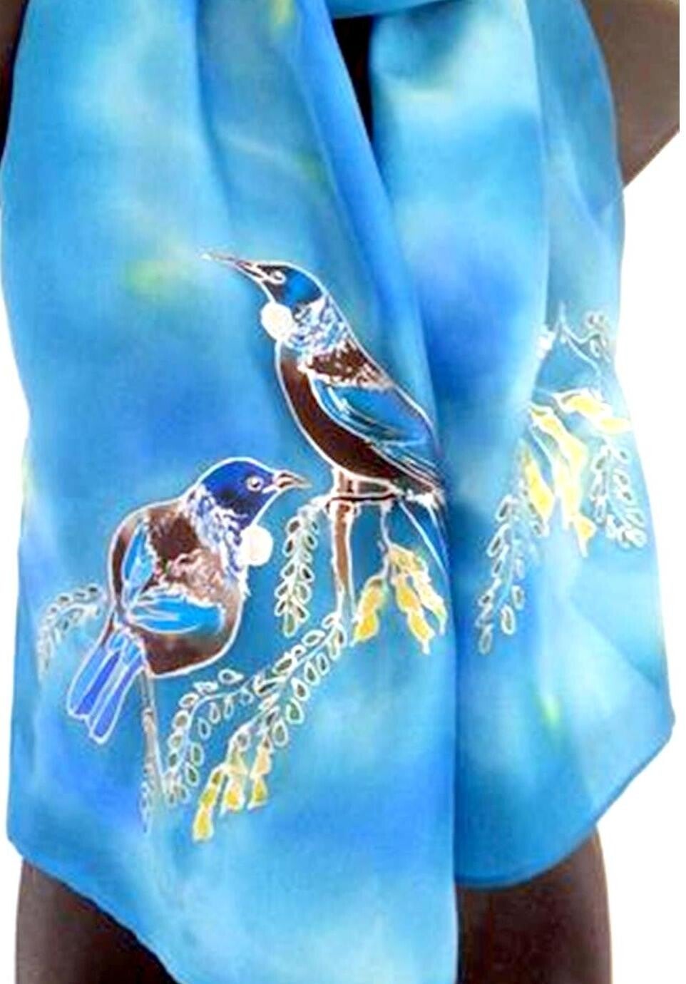 New Zealand Tuis & Kowhai Tree - Hand painted Silk Scarf
