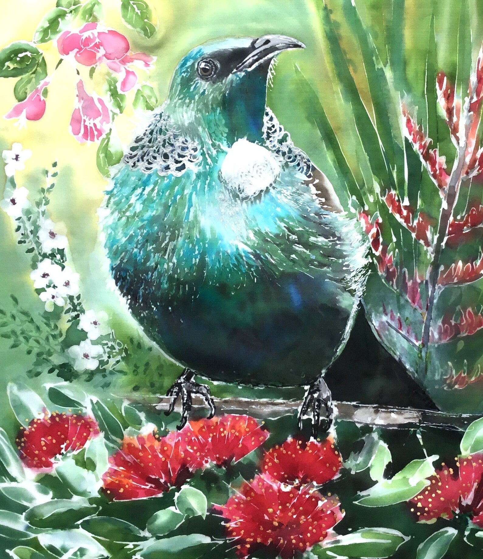 Tui with Pohutukawa, Manuka, Flax and Puriri Squarish - Outdoor Art Panel