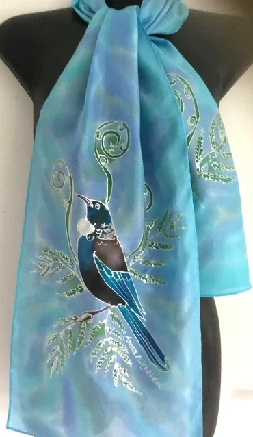 Tui & Koru - Hand painted Silk Scarf
