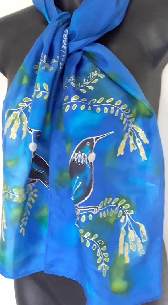 Tui with Kowhai Tree - Hand painted Silk Scarf