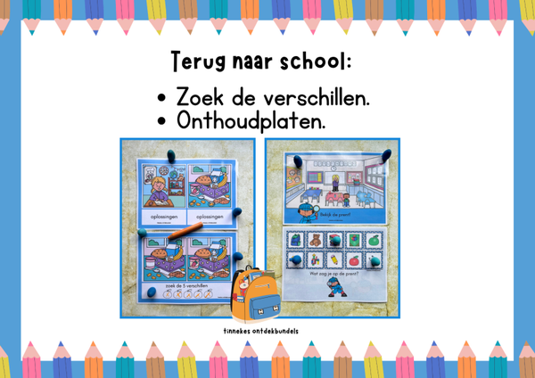 Zoek de verschillen en onthoudkaarten 'thema naar school'