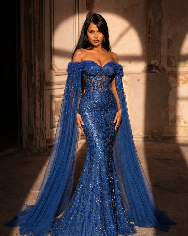 Size M (12) - Elegant Pearl Sequin Mesh Off Shoulder Formal Gown
