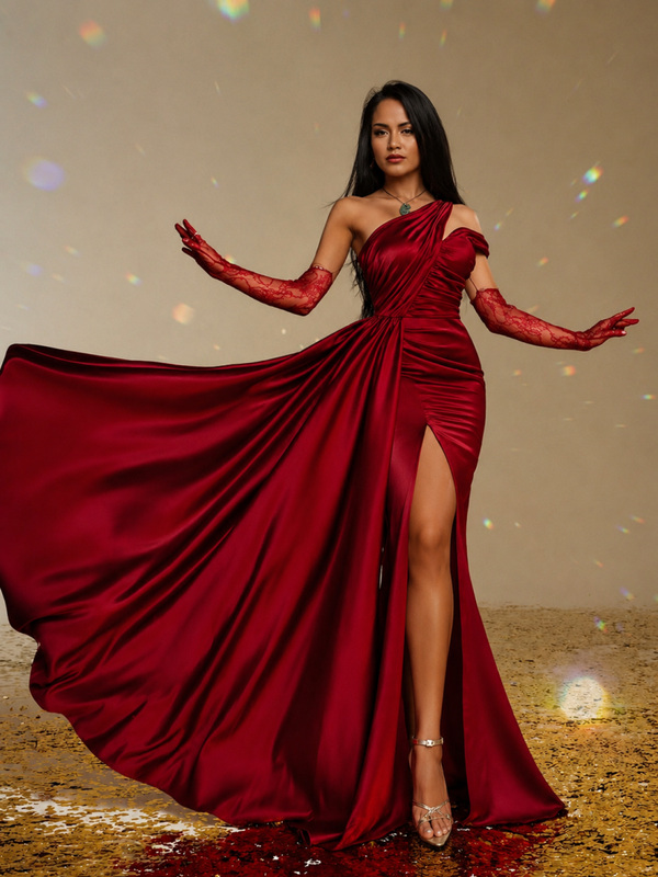 Size M (12) - Red Burgundy Asymmetric Neckling Satin Formal Dress (Dress brighter red in real life)