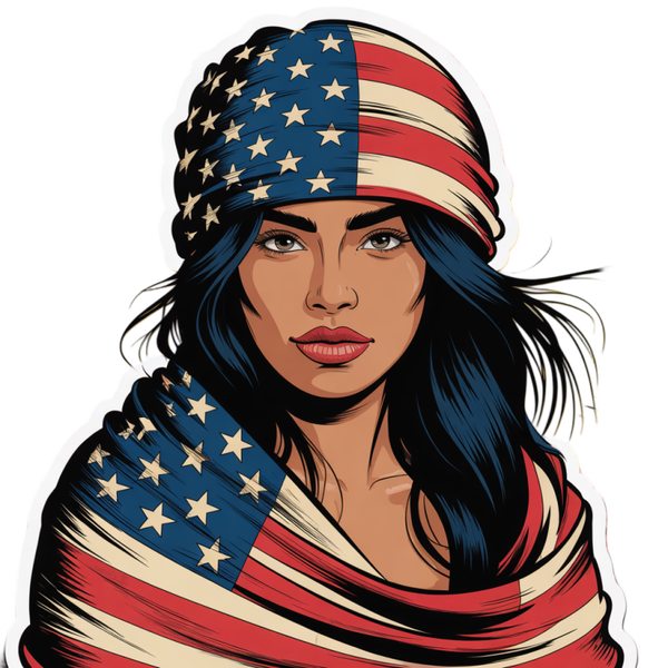 Patriotic Woman in American Flag Headwrap and Shawl